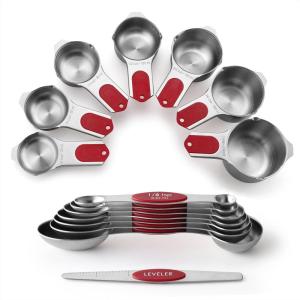 imageSpring Chef Magnetic Measuring Cups ampamp Spoons Set Patent Pending Strong N45 Magnets Heavy Duty Stainless Steel Fits in Spice Jars for Baking ampamp Cooking BPA Free Set of 15 with Leveler MulticolorRed