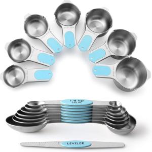 imageSpring Chef Magnetic Measuring Cups ampamp Spoons Set Patent Pending Strong N45 Magnets Heavy Duty Stainless Steel Fits in Spice Jars for Baking ampamp Cooking BPA Free Set of 15 with Leveler MulticolorBlue Aqua Sky
