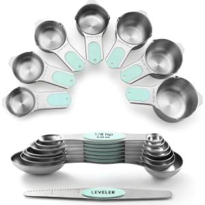 imageSpring Chef Magnetic Measuring Cups ampamp Spoons Set Patent Pending Strong N45 Magnets Heavy Duty Stainless Steel Fits in Spice Jars for Baking ampamp Cooking BPA Free Set of 15 with Leveler MulticolorMint