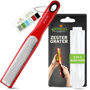 imageSpring Chef Premium Lemon Zester Grater with Handle  Fruits Garlic Chocolate Nutmeg Ginger Grater  Heavy Duty Kitchen Tool  Stainless Steel Citrus Zester with Blade Cover  Fine Shred BlackRed