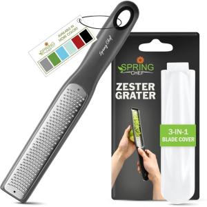 imageSpring Chef Premium Lemon Zester Grater with Handle  Fruits Garlic Chocolate Nutmeg Ginger Grater  Heavy Duty Kitchen Tool  Stainless Steel Citrus Zester with Blade Cover  Fine Shred BlackGray