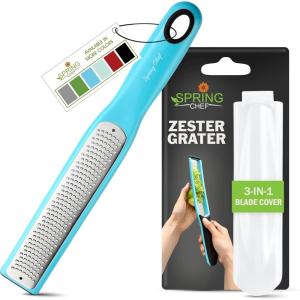 imageSpring Chef Premium Lemon Zester Grater with Handle  Fruits Garlic Chocolate Nutmeg Ginger Grater  Heavy Duty Kitchen Tool  Stainless Steel Citrus Zester with Blade Cover  Fine Shred BlackBlue Aqua Sky