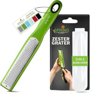 imageSpring Chef Premium Lemon Zester Grater with Handle  Fruits Garlic Chocolate Nutmeg Ginger Grater  Heavy Duty Kitchen Tool  Stainless Steel Citrus Zester with Blade Cover  Fine Shred BlackGreen