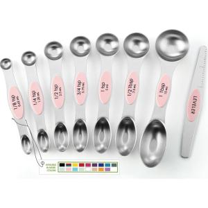 imageSpring Chef Stainless Steel Magnetic Measuring Spoons Set with Strong Magnets Heavy Duty Metal Kitchen Gadgets for Baking ampamp Cooking Fits in Most Kitchen Spice Jars Multicolor Set of 8 with LevelerPink Lemonade
