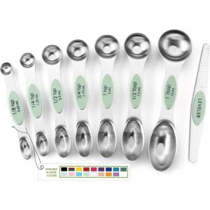 imageSpring Chef Stainless Steel Magnetic Measuring Spoons Set with Strong Magnets Heavy Duty Metal Kitchen Gadgets for Baking ampamp Cooking Fits in Most Kitchen Spice Jars Multicolor Set of 8 with LevelerPistachio