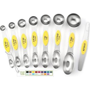 imageSpring Chef Stainless Steel Magnetic Measuring Spoons Set with Strong Magnets Heavy Duty Metal Kitchen Gadgets for Baking ampamp Cooking Fits in Most Kitchen Spice Jars Multicolor Set of 8 with LevelerYellow