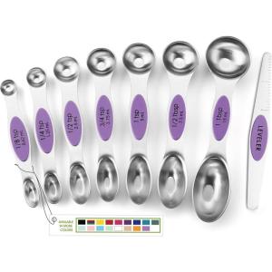 imageSpring Chef Stainless Steel Magnetic Measuring Spoons Set with Strong Magnets Heavy Duty Metal Kitchen Gadgets for Baking ampamp Cooking Fits in Most Kitchen Spice Jars Multicolor Set of 8 with LevelerOrchid