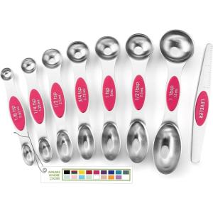 imageSpring Chef Stainless Steel Magnetic Measuring Spoons Set with Strong Magnets Heavy Duty Metal Kitchen Gadgets for Baking ampamp Cooking Fits in Most Kitchen Spice Jars Multicolor Set of 8 with LevelerPink