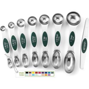 imageSpring Chef Stainless Steel Magnetic Measuring Spoons Set with Strong Magnets Heavy Duty Metal Kitchen Gadgets for Baking ampamp Cooking Fits in Most Kitchen Spice Jars Multicolor Set of 8 with LevelerPine Green