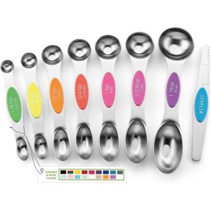 imageSpring Chef Stainless Steel Magnetic Measuring Spoons Set with Strong Magnets Heavy Duty Metal Kitchen Gadgets for Baking ampamp Cooking Fits in Most Kitchen Spice Jars Multicolor Set of 8 with LevelerNeon