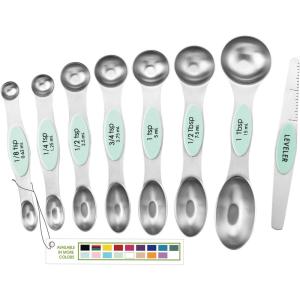 imageSpring Chef Stainless Steel Magnetic Measuring Spoons Set with Strong Magnets Heavy Duty Metal Kitchen Gadgets for Baking ampamp Cooking Fits in Most Kitchen Spice Jars Multicolor Set of 8 with LevelerMint