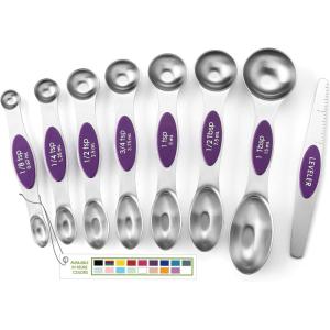 imageSpring Chef Stainless Steel Magnetic Measuring Spoons Set with Strong Magnets Heavy Duty Metal Kitchen Gadgets for Baking ampamp Cooking Fits in Most Kitchen Spice Jars Multicolor Set of 8 with LevelerPurple