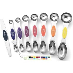 imageSpring Chef Stainless Steel Magnetic Measuring Spoons Set with Strong Magnets Heavy Duty Metal Kitchen Gadgets for Baking ampamp Cooking Fits in Most Kitchen Spice Jars Multicolor Set of 8 with LevelerMountain Sunrise